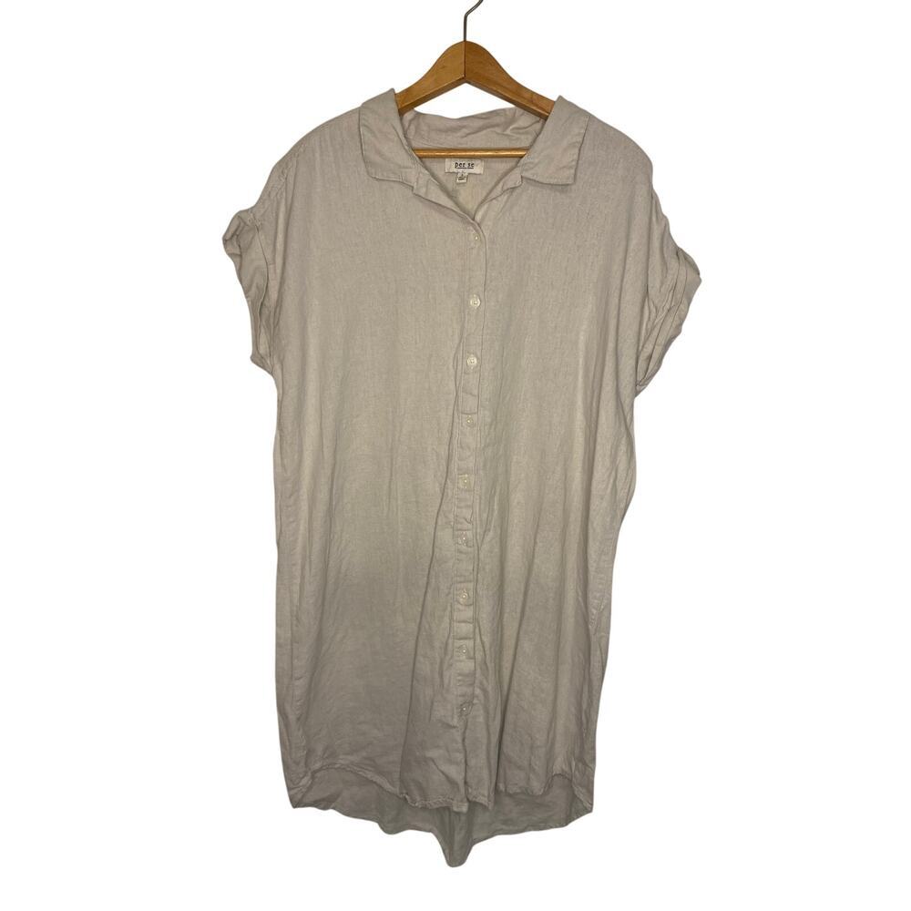 Per Se Short Sleeve Button Shirt Dress White Linen Blend Lagenlook Beach Large